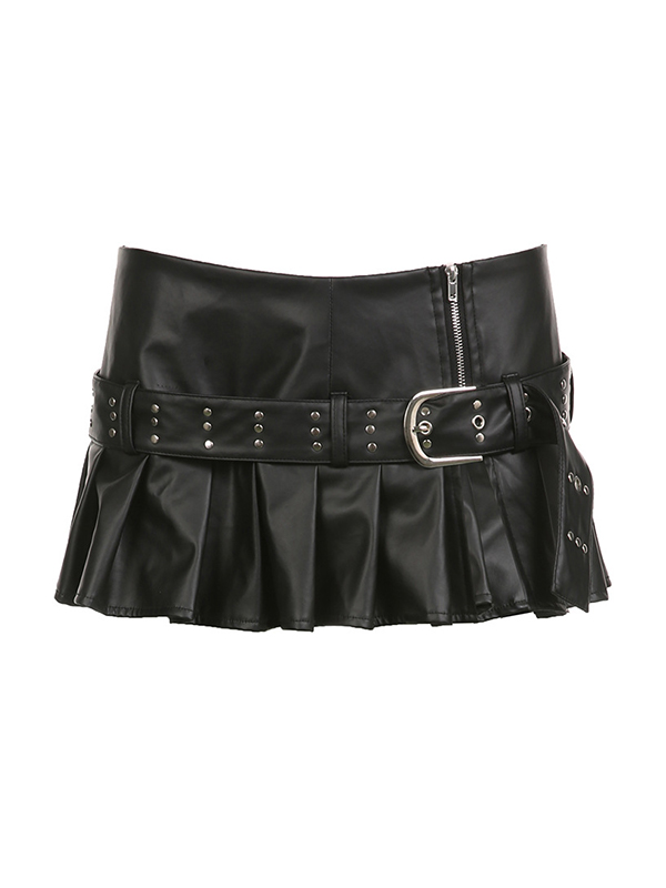 Punk Rivet Belted Pleated Slit Leather Mini Skirt-4