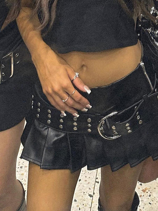 Punk Rivet Belted Pleated Slit Leather Mini Skirt-2