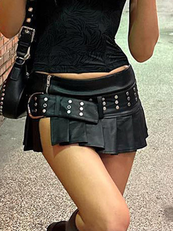 Punk Rivet Belted Pleated Slit Leather Mini Skirt-1