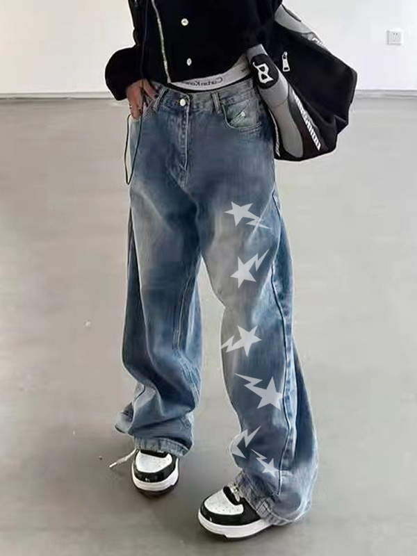 Washed Star Print Boyfriend Jeans-2