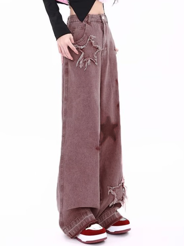 Vintage Star Print Embroidery Boyfriend Jeans-3