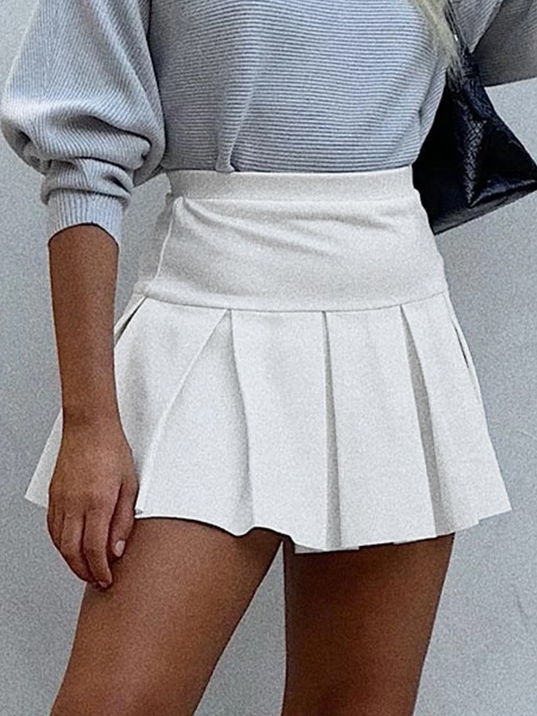 Solid High Rise Pleated Mini Skirt-1