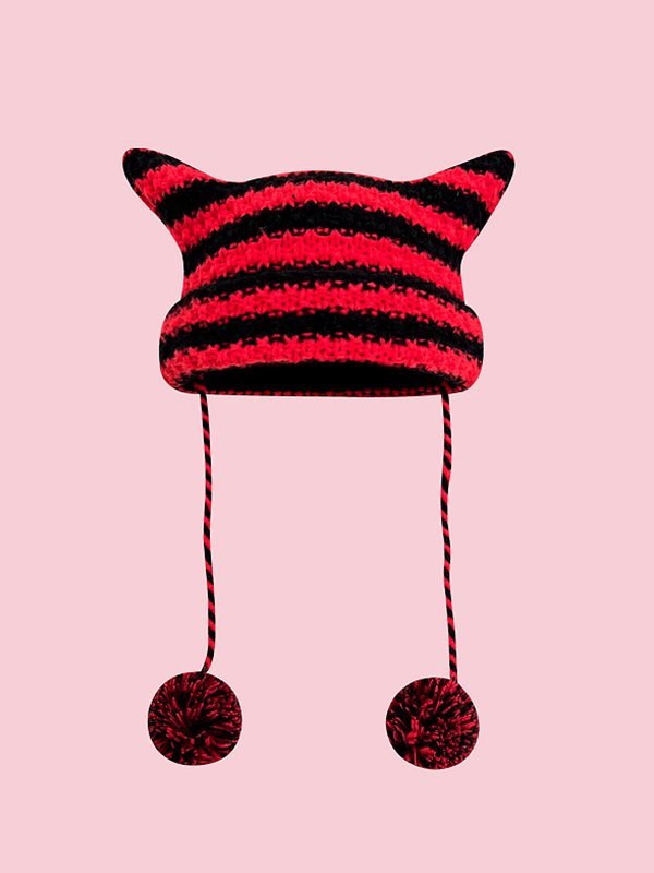 Horn Detail Striped Knitted Hat-1