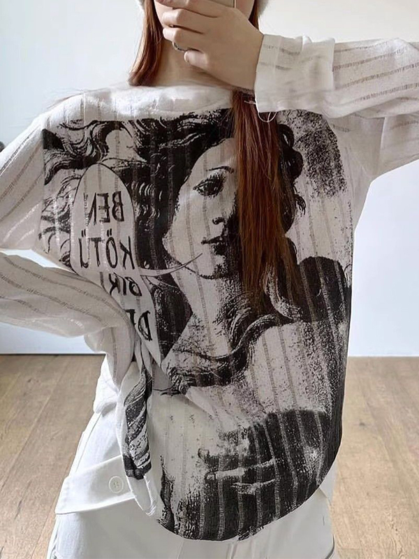 Cutout Portrait Graffiti Print Long Sleeve Knit-2
