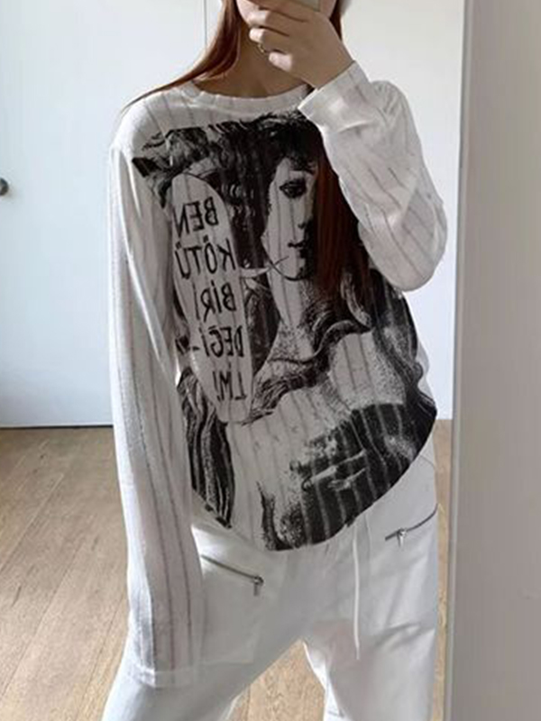 Cutout Portrait Graffiti Print Long Sleeve Knit-1