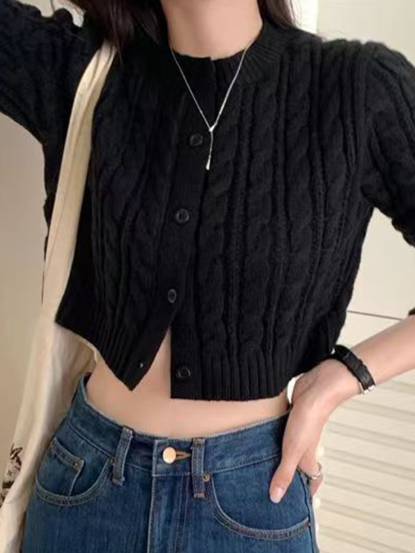 Solid Short Cable Knit Cardigan-2