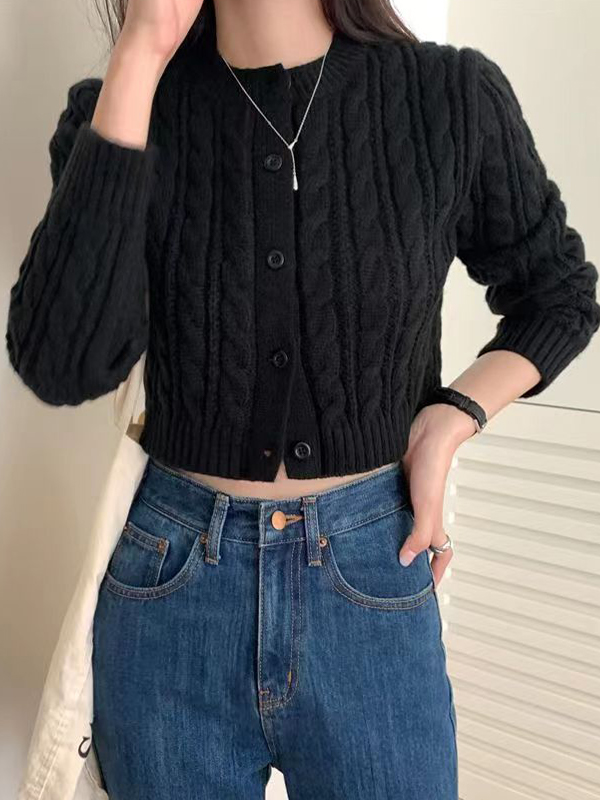 Solid Short Cable Knit Cardigan-4