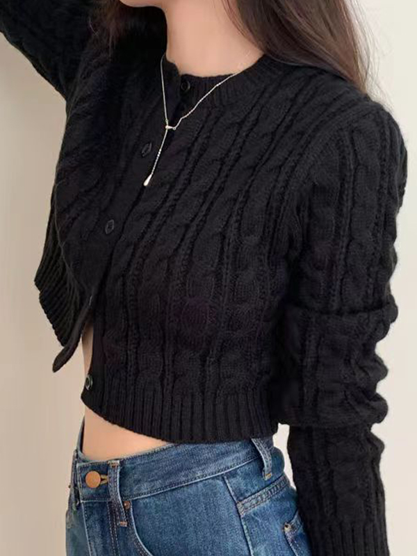 Solid Short Cable Knit Cardigan-1