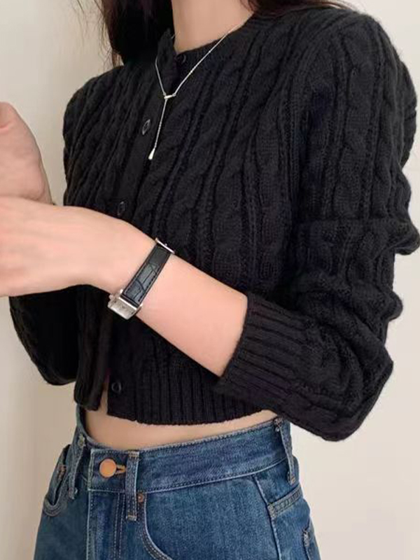Solid Short Cable Knit Cardigan-3