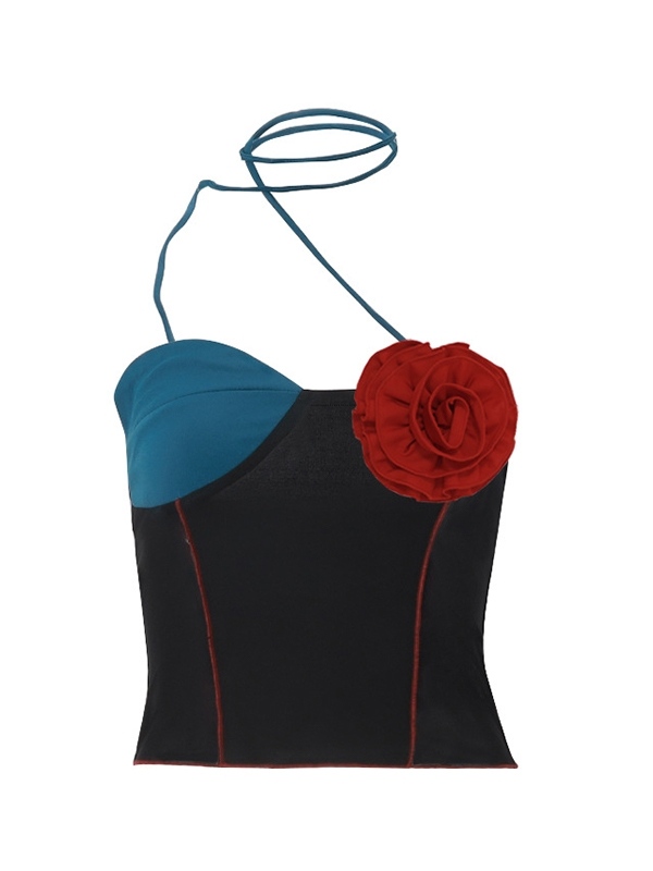 Three-dimensional Flower Decor Splice Halter Vest-4