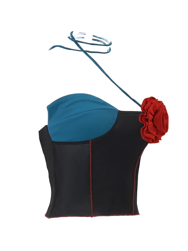 Three-dimensional Flower Decor Splice Halter Vest-5