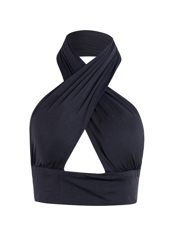 Solid Backless Cropped Halter Vest-5